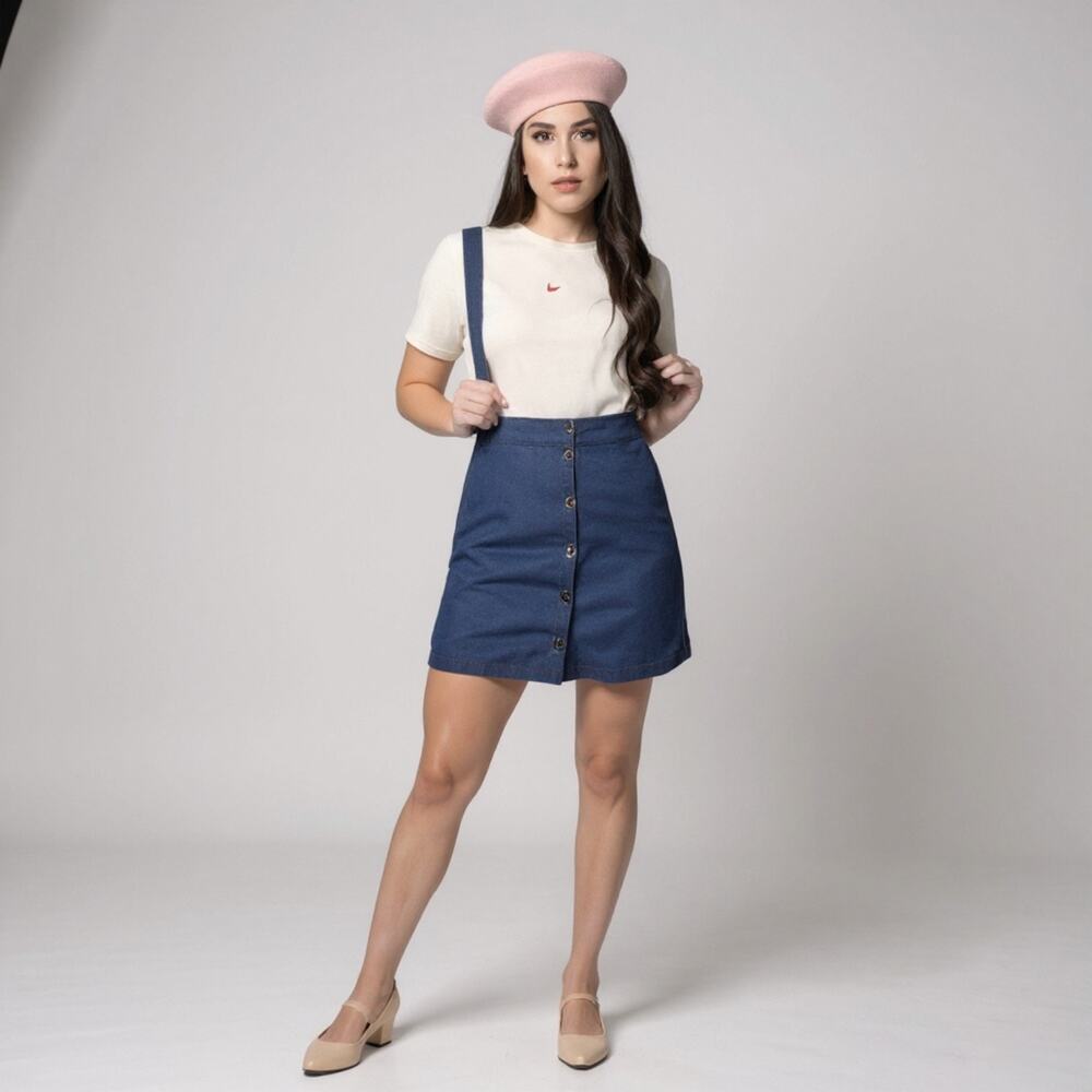 Unique New Unique Vintage Denim Button Suspender Skirt Scallop 1X #293